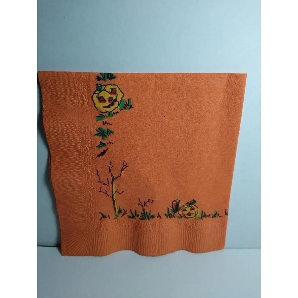 Vintage Halloween Paper Napkin Green Faced Witch Ghost Pumpkins Orange 4.5x 4.5